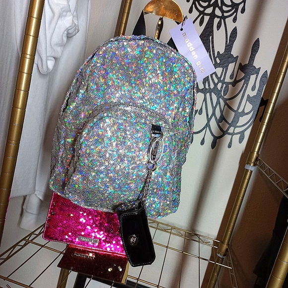 Madden Girl Multifaceted Sequin Backpack with Black Patent Leather key Chain - Picture 3 of 17